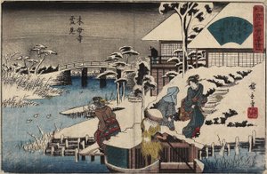 Sněhová scéna v chrámu Mokubo-ji a restauraci Uekiya, c. 1835-1842