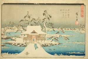 Sníh ve svatyni Benzaiten v rybníku Inokashira (Inokashira no ike Benzaiten no yashiro yuki no kei), ze série „Sníh, měsíc a květiny na známých místech (Meisho setsugekka)“ od Utagawa Hiroshige