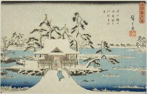 Sníh ve svatyni Benzaiten v rybníku Inokashira (Inokashira no ike Benzaiten no yashiro yuki no kei), ze série „Sníh, měsíc a květiny na známých místech (Meisho setsugekka)“ od Utagawa Hiroshige