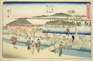 Jarní pohled na nové nábřeží u rybníka Shinobazu (Shinobazu ike shin dote haru no kei), ze série "Nově vybraná slavná místa v Edo (Shinsen Edo meisho)" od Utagawa Hiroshige