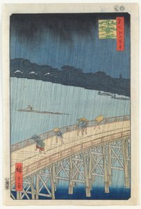 Náhlá sprcha přes most Óhashi a Atake, ze série „Sto slavných pohledů na Edo“ od Utagawa Hiroshige