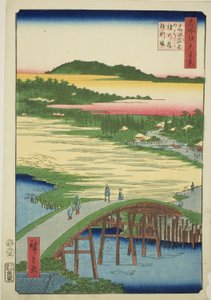 Most Sugatami, most Omokage a štěrková jáma v Takata (Takata Sugataminohashi Omokagenohashi jariba), ze série „Sto slavných pohledů na Edo (Meisho Edo hyakkei)“ od Utagawa Hiroshige