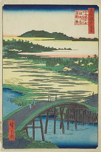 Most Sugatami, most Omokage a štěrkovna v Takatě (Takata Sugataminohashi Omokagenohashi jariba), č. 116 ze série "Sto slavných pohledů na Edo (Meisho Edo hyakkei)". od Utagawa Hiroshige