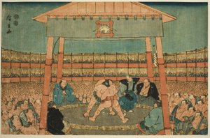 Sumo zápas v okrscích chrámu Ekoin (Ekoin keidai sumo no zu), ze série „Ryogoku ve východním hlavním městě (Toto Ryogoku)“ od Utagawa Hiroshige