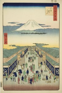 Napsal Suruga ze seriálu „Ridge dre d fanet s views of Edo (Sto slavných pohledů na Edo)“ od Utagawa Hiroshige