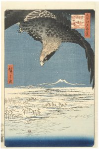 Susaki a planina Jmantsubo poblíž Fukagawy ze série Sto slavných pohledů na Edo, 1857 (barevný dřevotisk)
