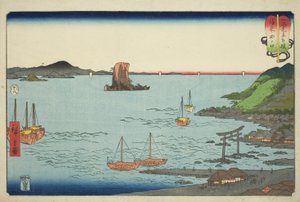 Tanokuchi v provincii Bizen (Bizen Tanokuchi), ze série „Zápasy mezi horami a moři (Sankai mitate zumo)“ od Utagawa Hiroshige
