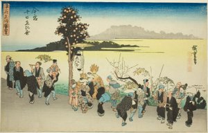 Festival Ebisu desátého dne prvního měsíce v Imamiya (Imamiya Toka Ebisu), ze série „Slavné pohledy na Osaku (Naniwa meisho zue)“ od Utagawa Hiroshige