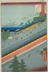 Síň třiatřiceti zálivů ve Fukagawě (Fukagawa Sanjusangendo), č. 69 ze série "Sto slavných pohledů na Edo (Meisho Edo hyakkei)". od Utagawa Hiroshige