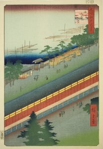 Síň třiceti tří zátok ve Fukagawa (Fukagawa Sanjusangendo), ze série „Sto slavných pohledů na Edo (Meisho Edo hyakkei)“ od Utagawa Hiroshige