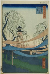 Jízdárna Hatsune v Bakuro-cho (Bakuro-cho Hatsune no Baba), ze série "Sto slavných pohledů na Edo (Meisho Edo hyakkei)". od Utagawa Hiroshige