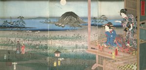 Lady Fujitsubo sleduje prince Genjiho odcházejícího v měsíčním světle, 1853, (barevný dřevořez)