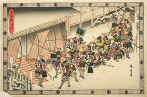 The Night Attack, Part 2: Breaking In (Youchi ni, rannyu), ze série "Pomsta věrných zadržovatelů (Chushingura)" od Utagawa Hiroshige