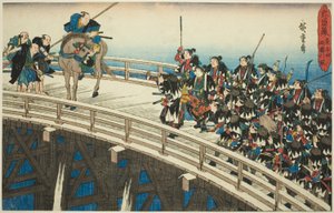 The Night Attack, Part 4 [sic; ve skutečnosti 5]: Ústup přes most Ryogoku (Youchi yon, Ryogoku hikitori), ze série "Pomsta věrných zadržovatelů (Chushingura)" od Utagawa Hiroshige