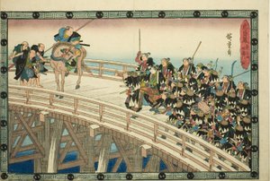 The Night Attack, Part 4 [sic; ve skutečnosti 5]: Ústup přes most Ryogoku (Youchi yon, Ryogoku hikitori), ze série "Pomsta věrných zadržovatelů (Chushingura)" od Utagawa Hiroshige