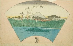 Hloubka třícípé řeky v Nakasu (Nakasu Mitsumata Wakarenofuchi), část listu ze série "Vystřižené obrázky slavných míst v Edu (Edo meisho harimaze zue)" od Utagawa Hiroshige