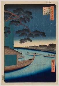 Srazová borovice u řeky Asakusa a břeh Oumaya na řece Sumida, ze série „Sto slavných pohledů na Edo“ od Utagawa Hiroshige