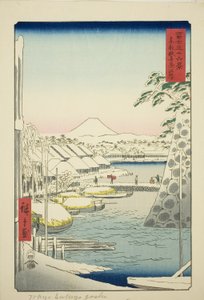 Břeh řeky Sukiya ve východním hlavním městě (Toto Sukiyagashi), ze série „Třicet šest pohledů na horu Fuji (Fuji sanjurokkei)“ od Utagawa Hiroshige