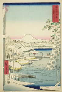 Břeh řeky Sukiya ve východním hlavním městě (Toto Sukiyagashi), ze série „Třicet šest pohledů na horu Fuji (Fuji sanjurokkei)“ od Utagawa Hiroshige