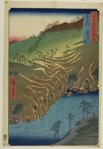 Cesta pod chrámem Rakan v provincii Buzen, ze série "Padesát tři zastavení Tokaido" od Utagawa Hiroshige