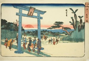 Svatyně Te Tomigaoka Hachiman ve Fukagawa (Fukagawa Tomigaoka Hachiman), z televizního seriálu "Famous Paces Inn Edo" od Utagawa Hiroshige