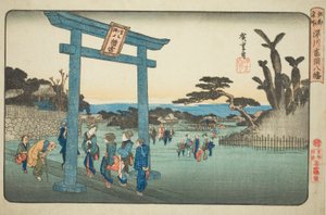 Svatyně Te Tomigaoka Hachiman ve Fukagawa (Fukagawa Tomigaoka Hachiman), z televizního seriálu "Famous Pases Inn Edo" od Utagawa Hiroshige