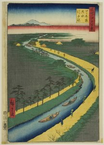Vlečné lodě podél kanálu Yotsugidori (Yotsugidori yosui hikifune), ze série "Sto slavných pohledů na Edo (Meisho Edo hyakkei)". od Utagawa Hiroshige