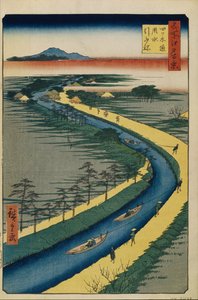 Vlečné čluny na kanálu Yotsugi dori Sto slavných pohledů na Edo, 1856-1858 od Utagawa Hiroshige