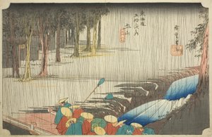 Tsuchiyama: Jarní sprcha (Tsuchiyama, haru no ame), ze série "Padesát tři stanic Tokaida (Tokaido gojusan tsugi no uchi)", také známé jako Hoeido Tokaido od Utagawa Hiroshige