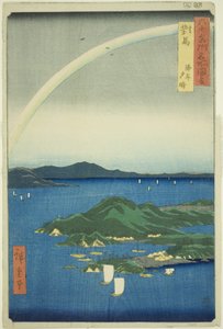 Provincie Tsushima: Jasný večer na pobřeží (Tsushima, Kaigan yubare), ze série „Slavná místa v šedesáti lichých provinciích (Rokujuyoshu meisho zue)“ od Utagawa Hiroshige