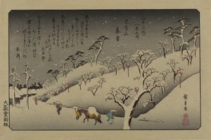 Soumrak sněhu na Asuka Hill. Ze série Osm pohledů v okolí Eda, 1838. od Utagawa Hiroshige