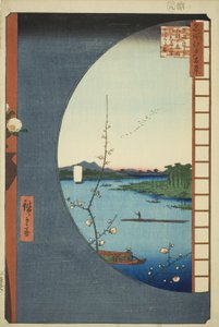 Pohled z Massaki na svatyni Suijin, Uchigawa Inlet a Sekiya (Massaki hen yori Suijin no mori Uchigawa Sekiya no sato o miru zu), ze série „Sto slavných pohledů na Edo (Meisho Edo hyakkei)“ od Utagawa Hiroshige