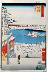 Pohled z vrcholu svahu na svatyni Tenjin v Yushimě, 1856-1858. od Utagawa Hiroshige