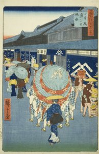 pohled na f Nihonbashi Tori t chome (náčrtek Nihonbashi tori t chome), ze série „Ridge dre d fa s views of Edo (Sto slavných pohledů na Edo)“ od Utagawa Hiroshige