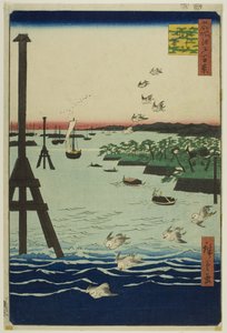 Pohled na zátoku Shiba (Shibaura no fukei) ze série "Sto slavných pohledů na Edo (Meisho Edo hyakkei)". od Utagawa Hiroshige