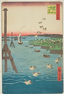 Pohled na pobřeží Shiba (Shibaura no kei), s odstíny světle modré vody, č. 108 ze série Sto slavných pohledů na Edo (Meisho Edo hyakkei) od Utagawa Hiroshige