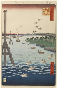 Pohled na pobřeží Shiba, č. 108 ze Sto slavných pohledů na Edo, 1856 (dřevotisk) od Utagawa Hiroshige