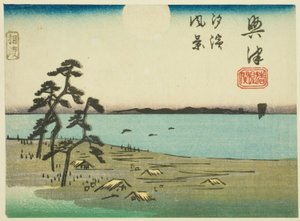 Pohled na Shiohamu a Kiyomigaseki v Okitsu (Okitsu, Kiyomigaseki, Shiohama fukei), výřez listu č. 4 ze série "Vystřižené obrázky Tokaidské cesty (Tokaido harimaze zue)" od Utagawa Hiroshige