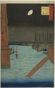 Pohled na ostrov Tsukuda z mostu Eitai (Eitaibaši Tsukudadžima), ze série "Sto slavných pohledů na Edo (Meisho Edo hyakkei)". od Utagawa Hiroshige