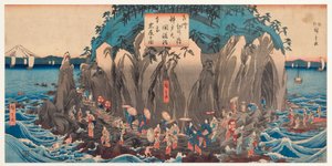 Pohled na pouť do jeskyně a svatyně Benzaiten v Enošimě, Sagami, asi 1850-51 (dřevoryt)