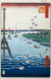 Pohled na pobřeží Shiba Sto slavných pohledů na Edo, 1856-1858. od Utagawa Hiroshige