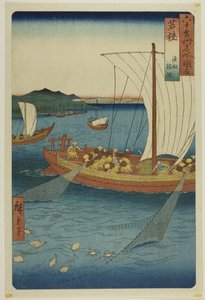 Provincie Wakasa: (Wakasa, gyosen karei ami), ze série "Slavná místa v šedesáti provinciích (Rokujuyoshu meisho zue)". od Utagawa Hiroshige