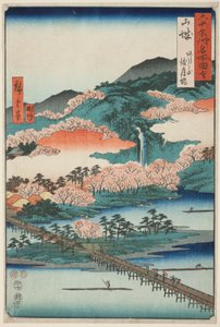 Provincie Jamaširo: Most Togetsu v hoře Arašimu (Jamaširo, Arašijama Togetsukjó), ze série "Slavná místa v šedesáti provinciích (Rokujuyoshu meisho zue)". od Utagawa Hiroshige