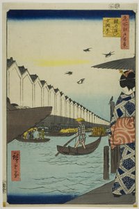 Přívoz Yoroi, Koami-cho (Yoroi no watashi Koami-cho), ze série "Sto slavných pohledů na Edo (Meisho Edo hyakkei)". od Utagawa Hiroshige