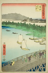 Yoshida: Great Bridge on the Toyo River (Yoshida, Toyokawa ohashi), no. 35 ze série „Slavné památky padesáti tří stanic (Gojusan tsugi meisho zue)“, známé také jako Vertikální Tokaidó od Utagawa Hiroshige