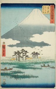 Yoshiwara: Fuji Marsh a Ukishima Plain (Yoshiwara, Fuji no numa ukishima ga hara), č. 15 ze série „Slavné památky padesáti tří stanic (Gojusan tsugi meisho zue), známé také jako Vertical Tokaido od Utagawa Hiroshige