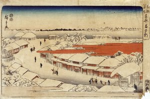 Yoshiwara Yuki no Asa, 1850 (barevný dřevoryt) (barevný dřevoryt)