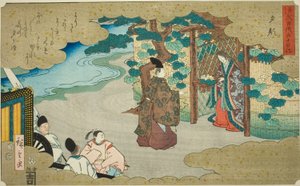 Yugao, ze série „Padesát čtyři kapitol příběhu Genji (Genji monogatari gojuyonjo)“ od Utagawa Hiroshige
