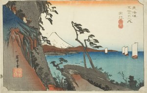 Yui: Satta Peak (Yui, důl Satta), ze série "Padesát tři stanic Tokaidské silnice (Tokaido gojusan tsugi no uchi)", také známé jako Hoeido Tokaido od Utagawa Hiroshige