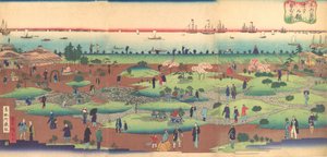 Ilustrace přední zahrady hotelu Tsukiji ve východním hlavním městě Toto ..., ca. 1868-72.